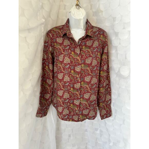 J. Crew Silk Button-Up Shirt in Botanical Cheetah Print Blouse Maroon Red Size 8 - Picture 2 of 12